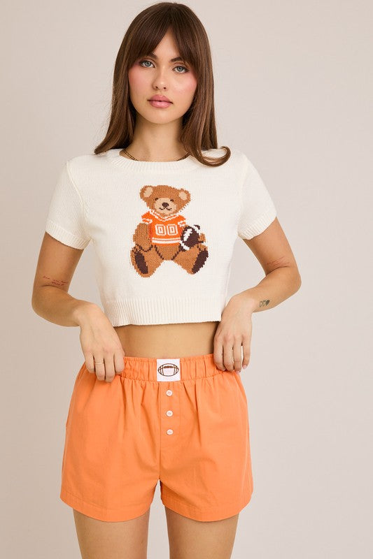 Short Sleeve Crew Neck Teddy Bear Sweater