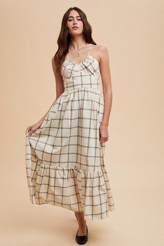 Cotton Grid Print Maxi Dress