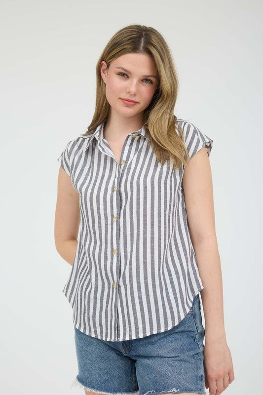 Stripe Collared Short Sleeve Button Down