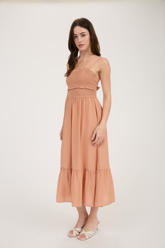 Smocked Ruffle Detail Sleeveless Midi Dr