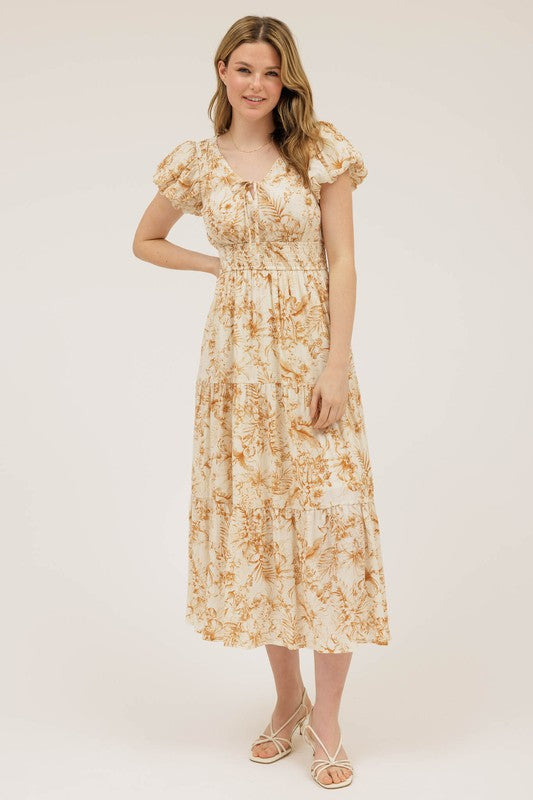 Floral Print Front Tie V Neck Midi Dress