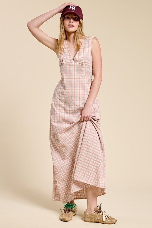 Plaid Sleeveless Maxi Dress W Adjustable