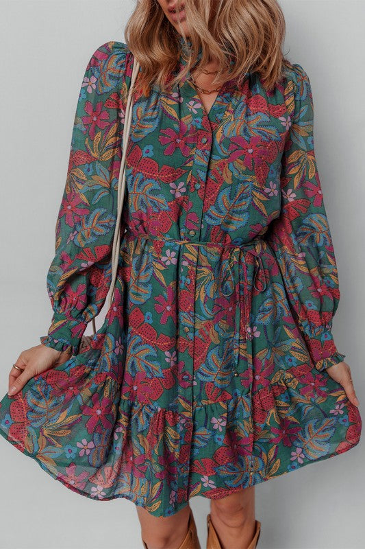 Floral Frill V Neck Puff Sleeve Ruffle M