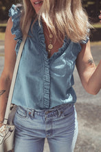 Load image into Gallery viewer, Ruffle Trim V Neck Chambray Crop Tank To
