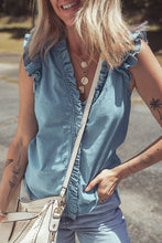 Load image into Gallery viewer, Ruffle Trim V Neck Chambray Crop Tank To
