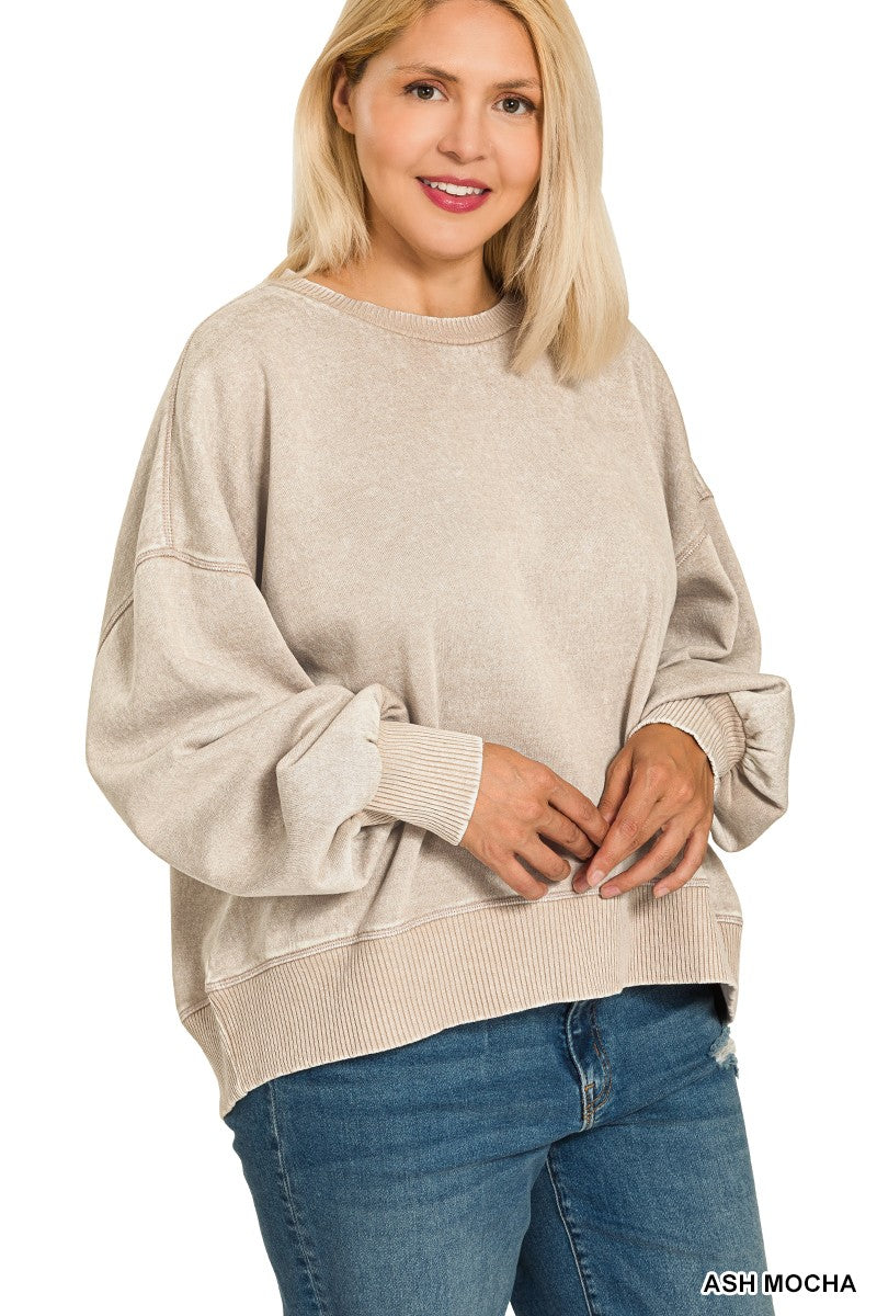 Plus Acid Wash Fleece Oversized Pullover