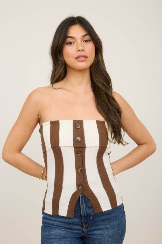 Stripe Strapless Button Down Sweater Kni