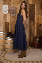 Load image into Gallery viewer, Stripe Front Hook Corset Denim Midi Dres

