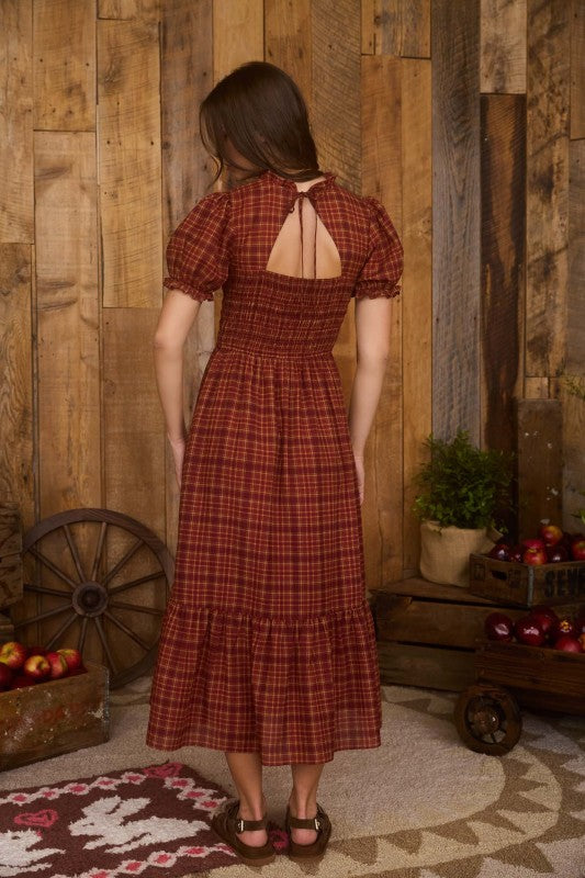 Plaid Short Puff Sleeve Smocked Midi Dre
