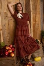 Load image into Gallery viewer, Plaid Short Puff Sleeve Smocked Midi Dre
