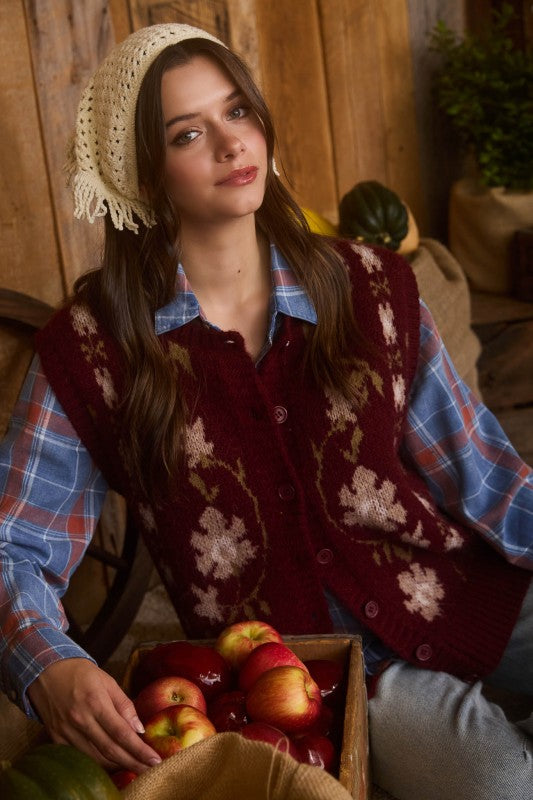 Floral Button Down Knit Cardigan Vest