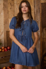 Load image into Gallery viewer, Dark Chambray Front Tie Puff Sleeve Mini
