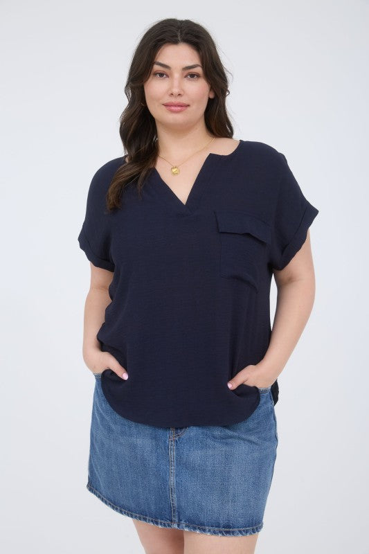 Plus Stripe Collared Short Sleeve Linen