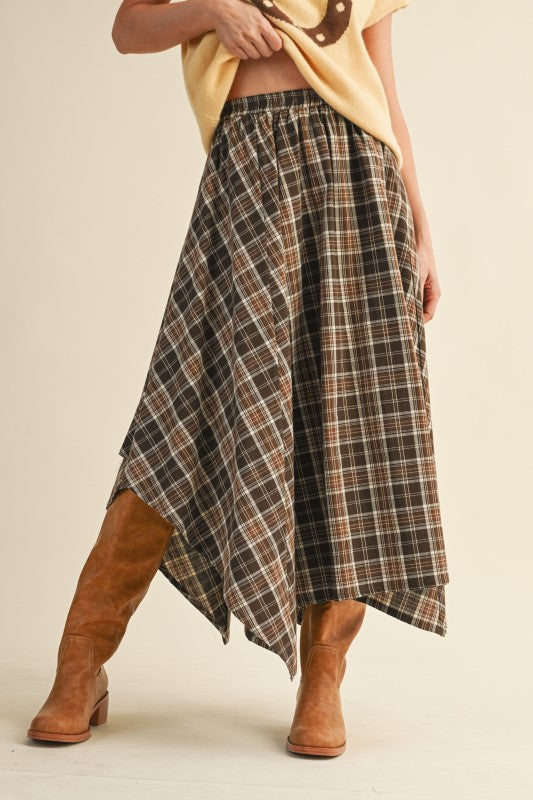 Plaid Uneven Hem Midi Skirt