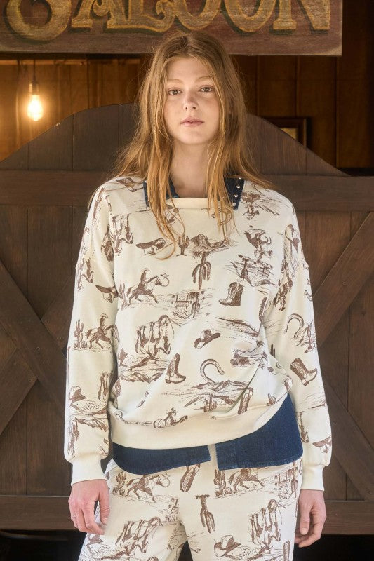 Western Print Crew Neck Long Sleeve Knit