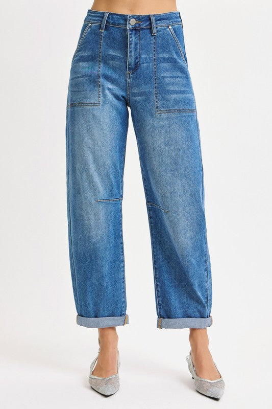 Mid Rise Barrel Relaxed Patch Pocket Jea