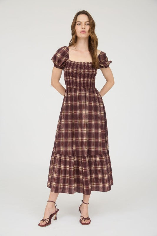 Plaid Smocked Puff Sleeve Ruffle Hem Mid