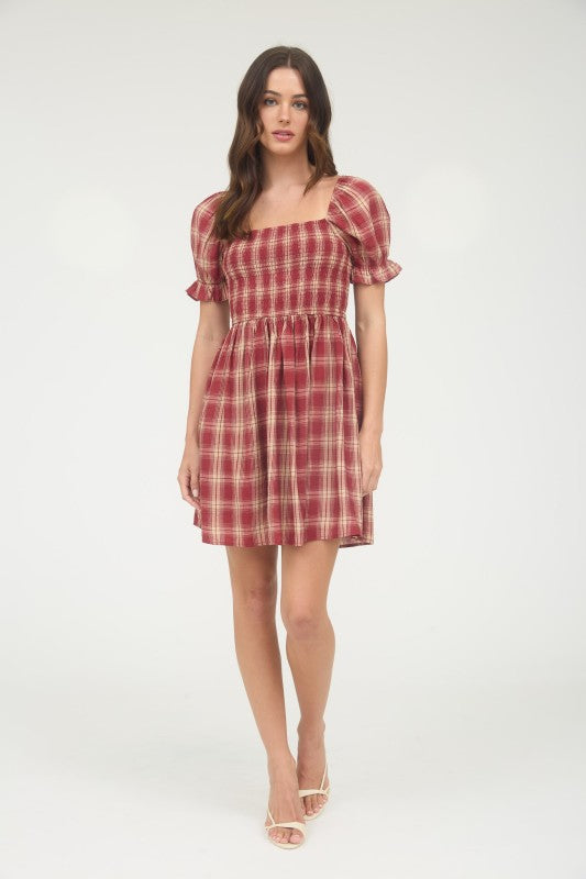 Plaid Smocked Puff Sleeve Midi Dress