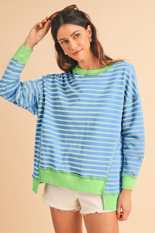 Stripe Contrast Trim High Low Tunic Swea