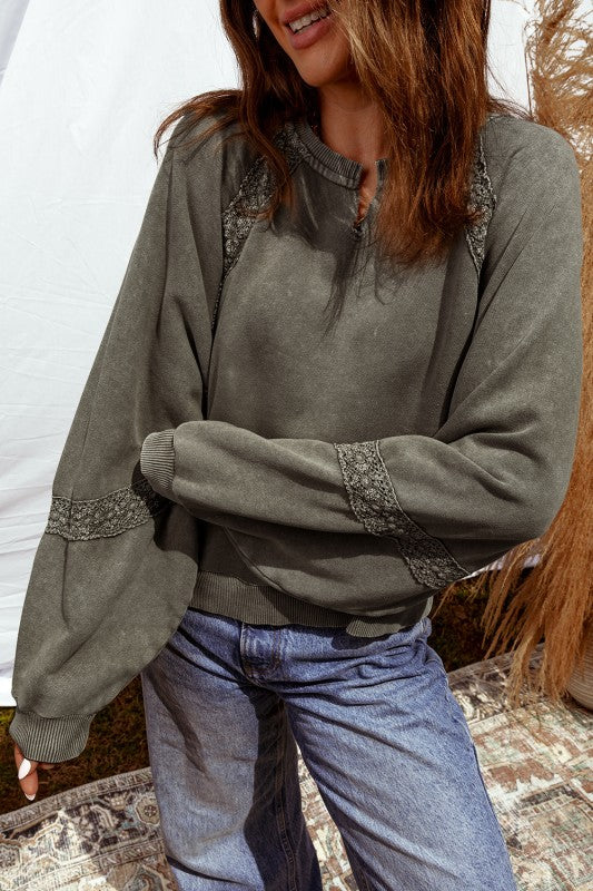 Lace Applique Mineral Wash Baggy Sweatshirt