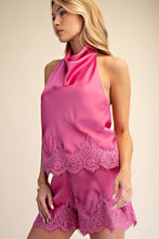 Load image into Gallery viewer, Satin Halter Neck Open Back Lace Trim Top
