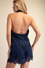 Load image into Gallery viewer, Satin Halter Neck Open Back Lace Trim Top
