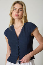 Load image into Gallery viewer, V Neck Lace Trim Button Down Back Tie Bl
