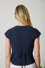 Load image into Gallery viewer, V Neck Lace Trim Button Down Back Tie Bl
