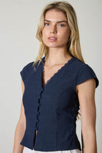 Load image into Gallery viewer, V Neck Lace Trim Button Down Back Tie Bl
