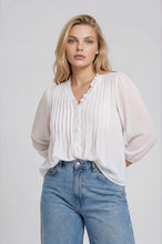 Load image into Gallery viewer, Plus 3/4 Sleeve Ruffle Trim Pintuck Deta
