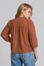 Load image into Gallery viewer, Plus 3/4 Sleeve Ruffle Trim Pintuck Deta
