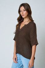 Load image into Gallery viewer, Split Neck Short Sleeve Sheer Crochet Kn
