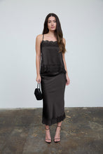 Load image into Gallery viewer, Satin Lace Hem Back Slit Pencil Midi Skirt
