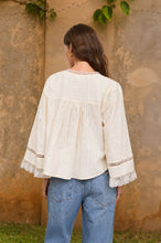 Load image into Gallery viewer, Textured Stripe Lace Trim Pleated Button Down Top
