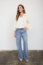 Load image into Gallery viewer, Textured Stripe Lace Trim Pleated Button Down Top
