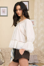 Load image into Gallery viewer, Off-shoulder Lace Trim Front Tie Long Sleeve Top
