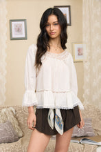 Load image into Gallery viewer, Off-shoulder Lace Trim Front Tie Long Sleeve Top
