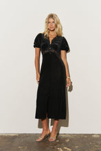 Load image into Gallery viewer, Polka Dot Velvet Lace Trim Puff Sleeve Midi dress
