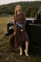 Load image into Gallery viewer, Knit Cardigan Satin Skirt Twofer Midi Dress
