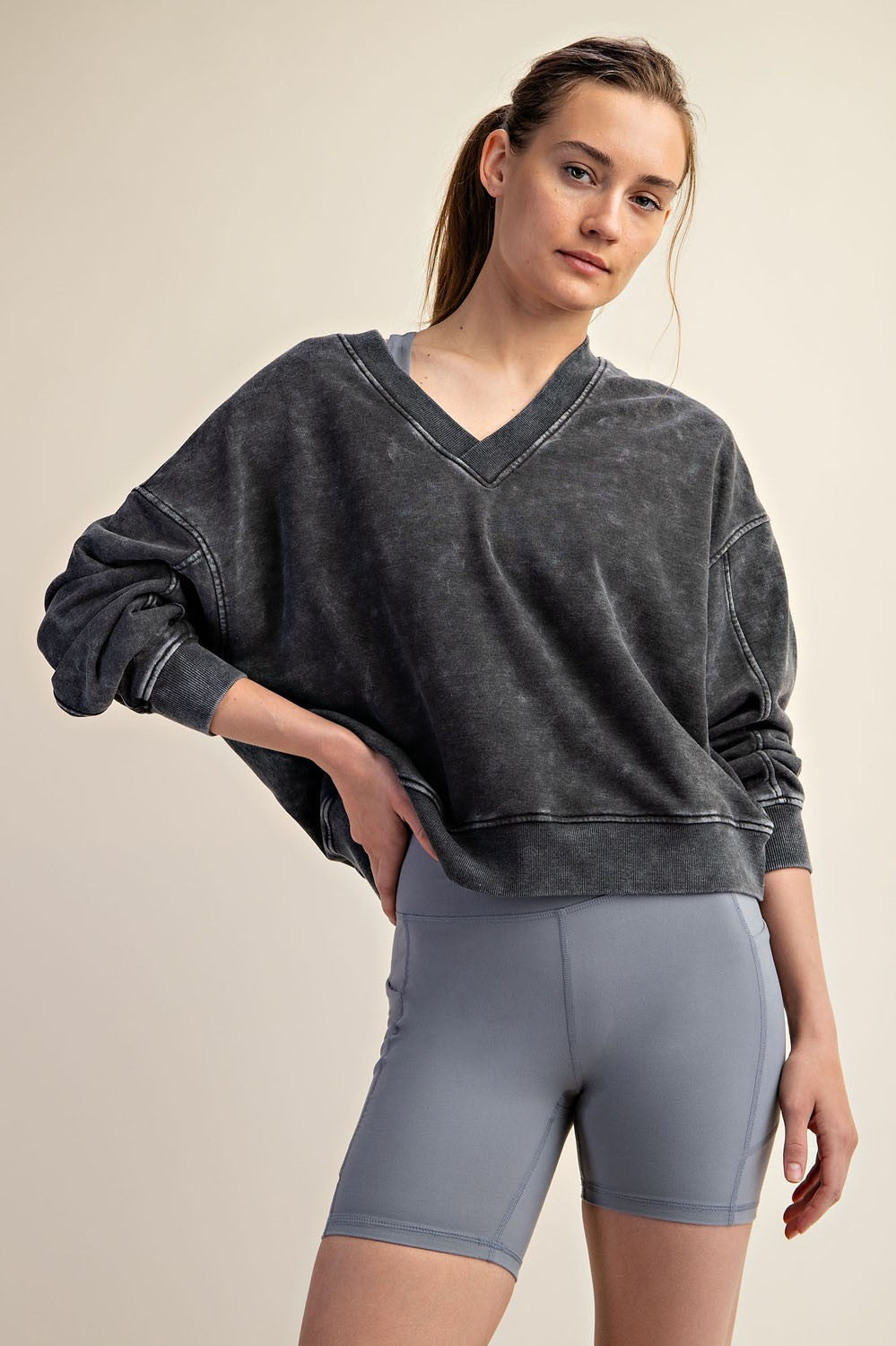 MINERAL WASHED FRENCH TERRY V-NECK PULLOVER