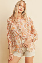 Load image into Gallery viewer, Semi-sheer, paisley print collarless blouse.
