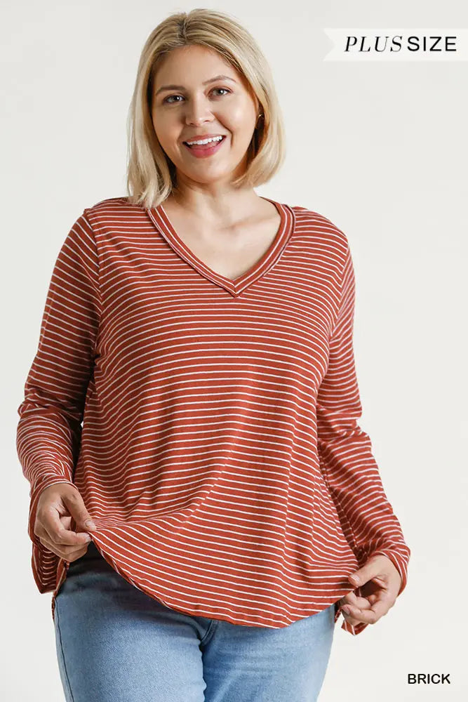 Striped V-Neck Long High Low Hem Top