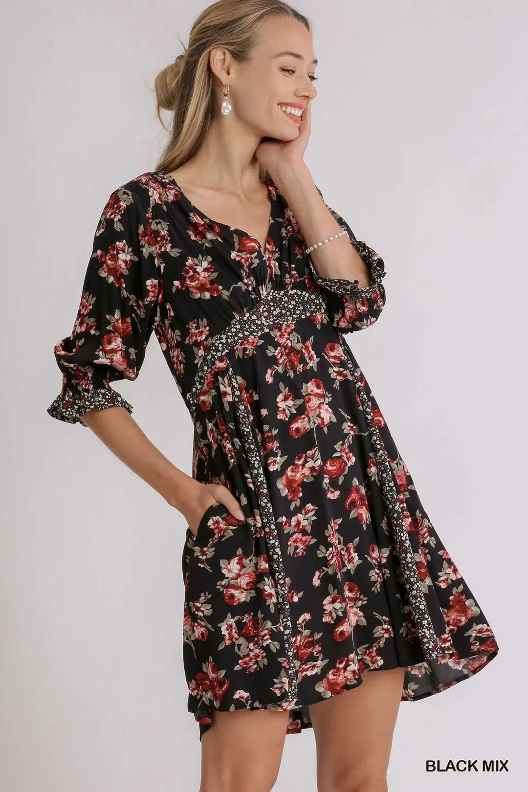 Floral V Neck Baby Doll Dress