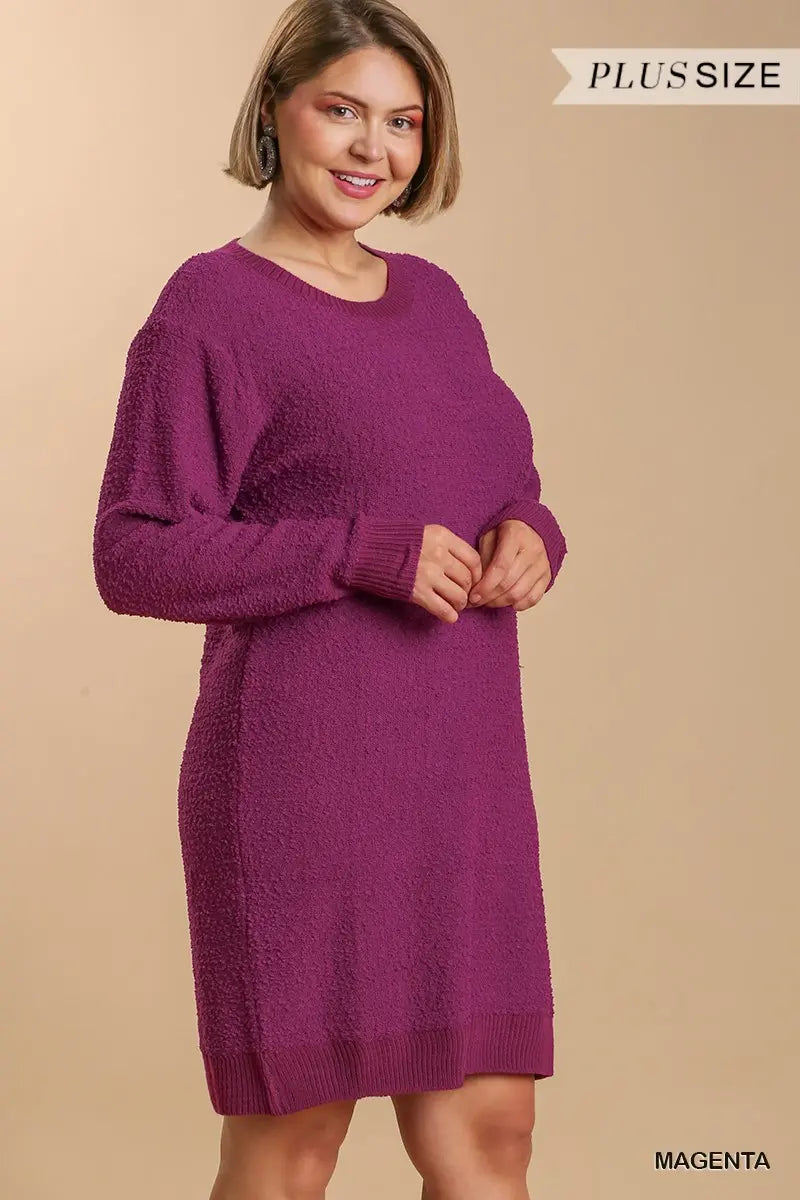 PLUS Sweater Dress with Ribbed Hem Magenta / 1XL PLUS Sweater Dress with Ribbed Hem Magenta / 1XL