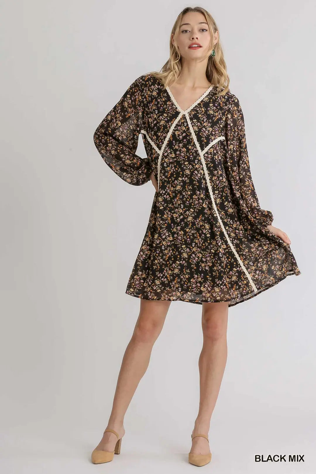 Floral Print V-Neck Long Sleeve Dress wi