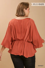 Load image into Gallery viewer, Satin Pleated Kimono Sleeve Peplum Top
