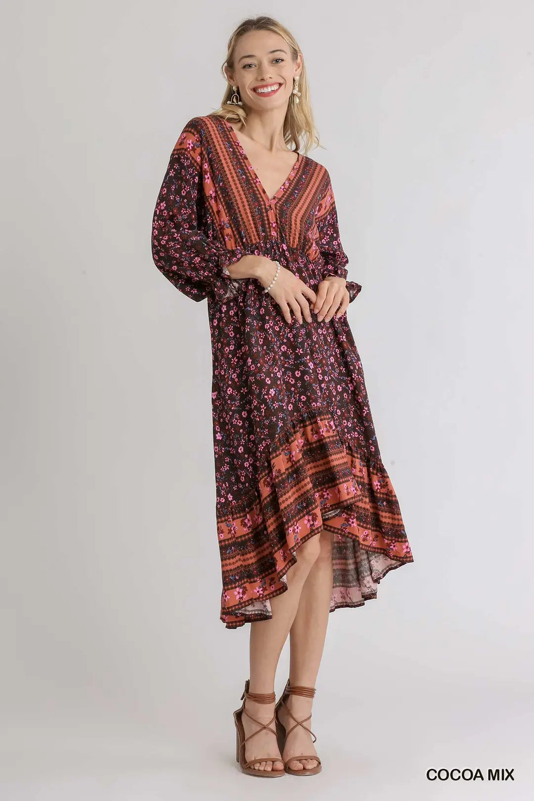 Floral Border Print V-Neck Dolman Sleeve