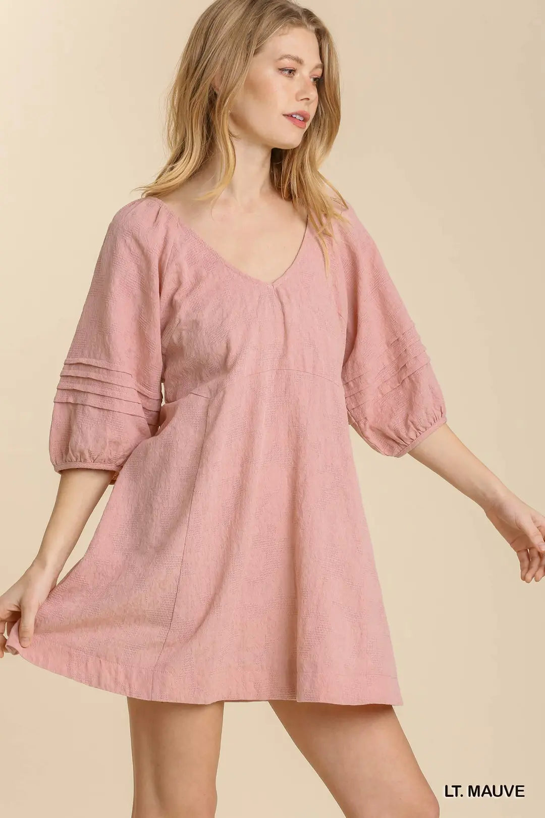 V-Neck Pleat Detail Puff Sleeve Dress