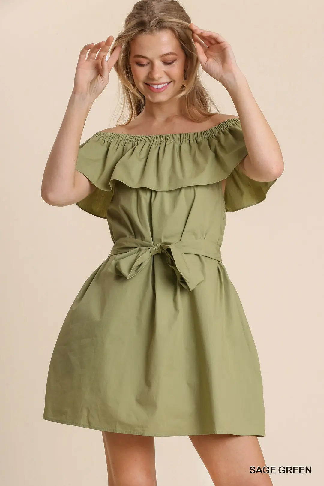 Ruffle Off Shoulder Dress with Self Sash