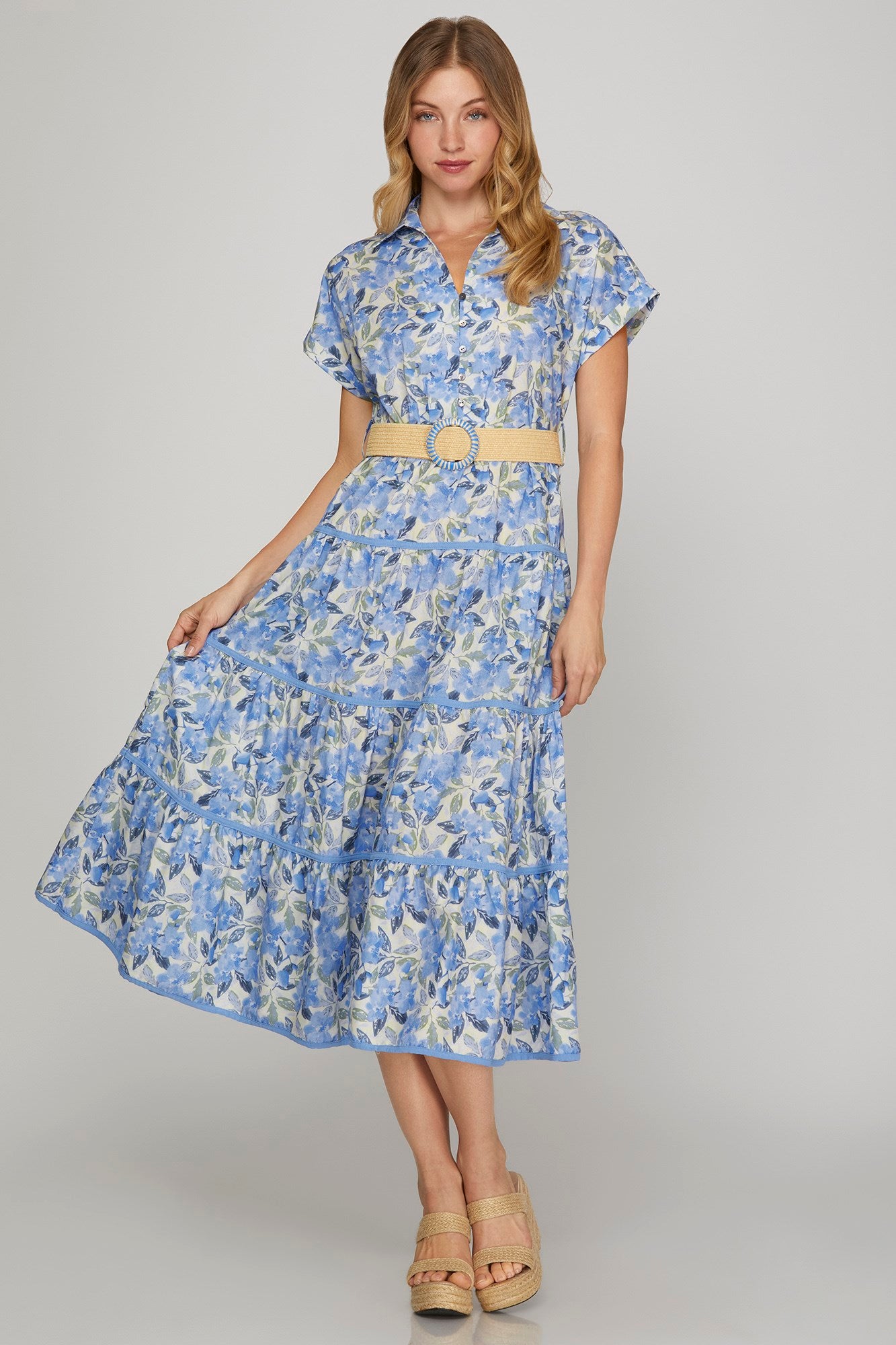 COLLARED BUTTON UP BELTED MIDI DRES